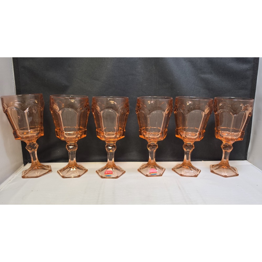 6 Vintage Fostoria Glass Virginia Peach Pink Stemmed Wine Goblet 7.5" Glasses
